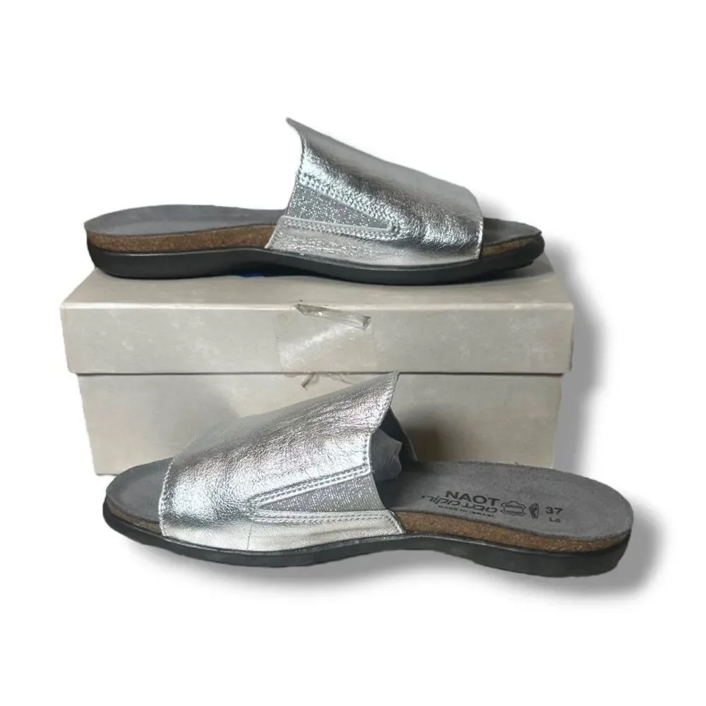 NAOT Skyler Leather Supportive Slide Sandal Silver Slip On Women’s EU 37 (US 6)